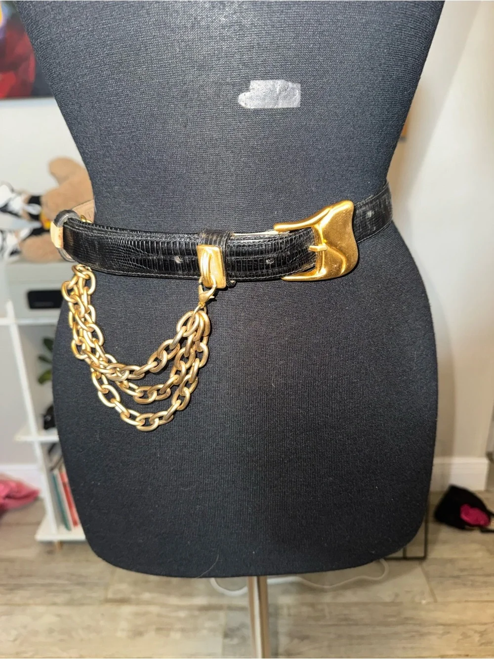 Vintage WCM  Black Textured Leather Belt with Gold Chain Accent